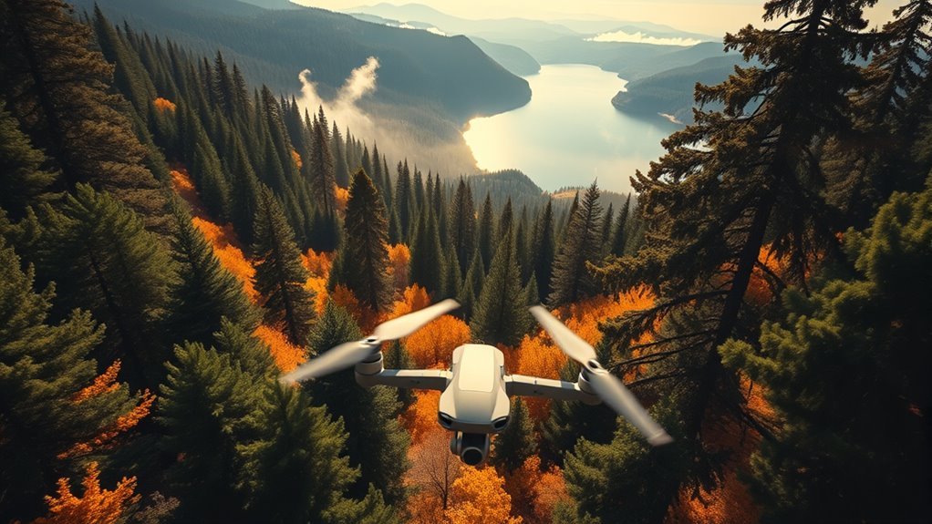 drone flying in forests